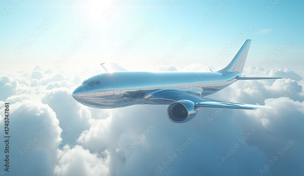 Naklejka premium An airplane flying through deep clouds in the blue sky. Daytime. Bright. Travel. Jet.