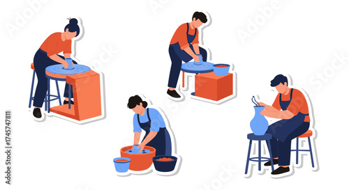 Artisans skillfully shaping clay on spinning wheels creating pottery.