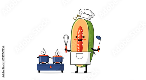 A cartoon papaya character wearing a chef's hat and apron stands next to a stove with two pots of steaming food.