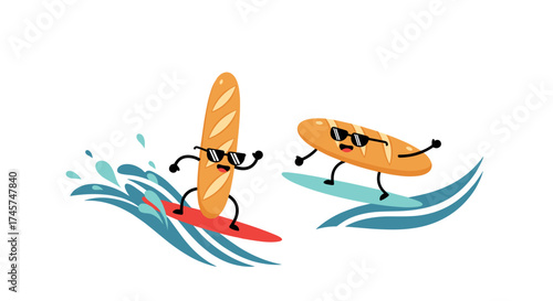 Cute baguettes surfing on waves with sunglasses having fun.