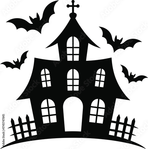 Spooky haunted house with bats and a steeple on transparent background silhouette