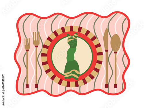 Trendy table setting vector illustration. Festive striped plate with napkin, forks, knife and spoon on pink scallop placemat isolated on white background. Cute modern Christmas dinner or party setup
