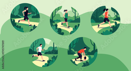 Diverse group of people enjoying different outdoor running and exercise activities in a scenic park setting.