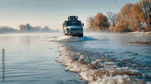 Armored personnel carrier crosses shallow river with splashes, surrounded by trees and misty landscape