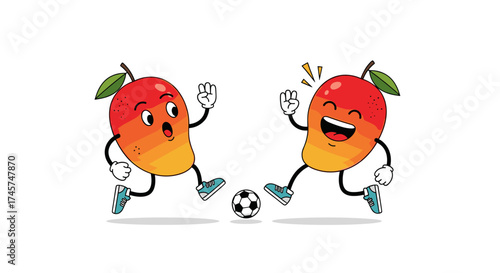 Two cartoon mangoes playing soccer with a small ball on a white background.