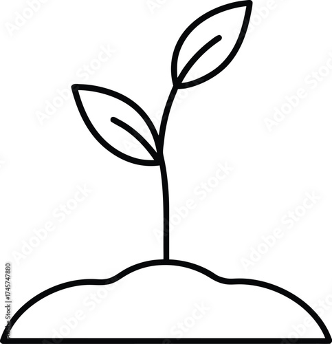 Simple black line drawing of a plant sprouting from soil on white seedling growth