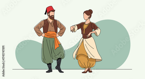Traditional folk dance performance by a couple in colorful historical attire.