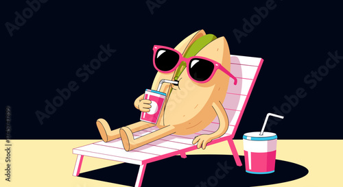 A happy sandwich with sunglasses relaxing on a beach chair with a drink.