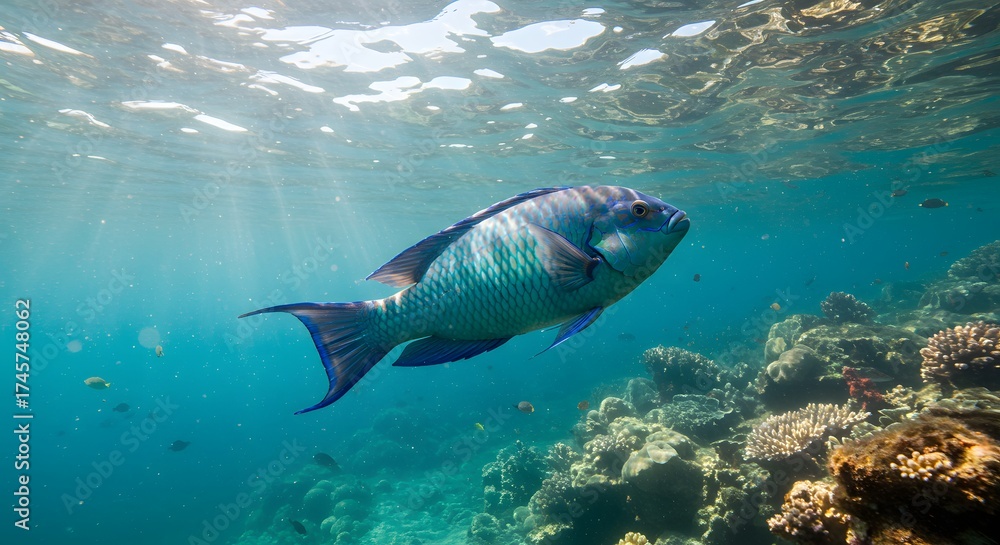 Naklejka premium Parrotfish Swimming Over Coral Reef