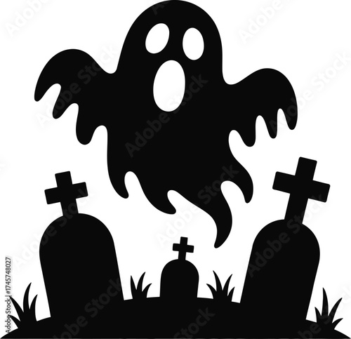Spooky halloween ghost with graveyard scene on transparent background silhouette