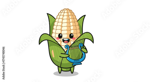 A charming cartoon ear of corn plays a lyre with a happy expression and braces.