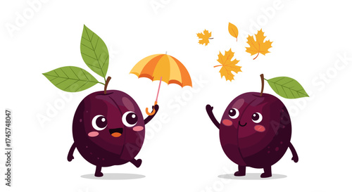 Two cute cartoon plums enjoying the autumn weather together.
