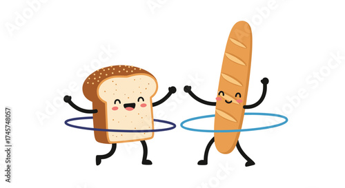 Two cartoon bread characters are happily hula hooping together.
