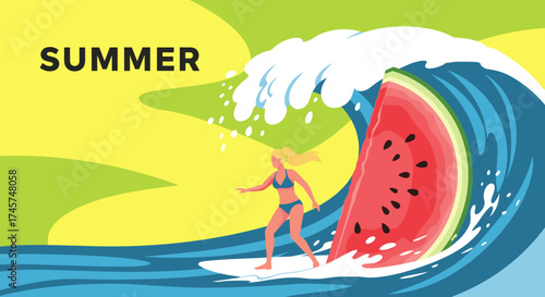 A surfer rides a giant watermelon wave under a bright summer sun.