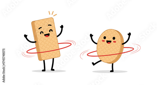 Two cheerful cartoon cookies are hula hooping with smiles on their faces on a white background.