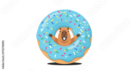 A happy capybara peeks through a delicious blue frosted donut covered in colorful sprinkles.