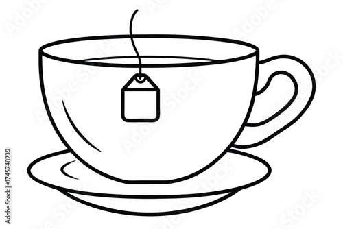 Cozy Tea Cup line art Illustration – Warm Beverage with Teabag & Leaf Decorative Art