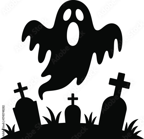 Spooky halloween ghost with graveyard scene on transparent background silhouette
