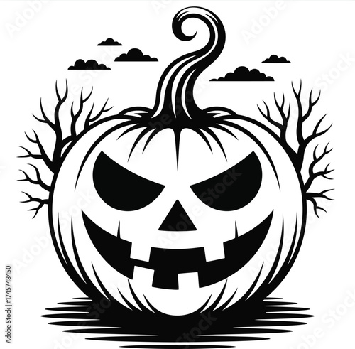 Spooky halloween pumpkin with scary face and branches on transparent background silhouette