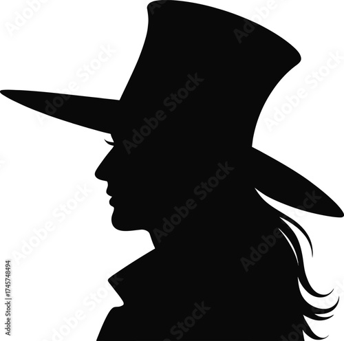 A striking black silhouette of a woman in a top hat on transparent background