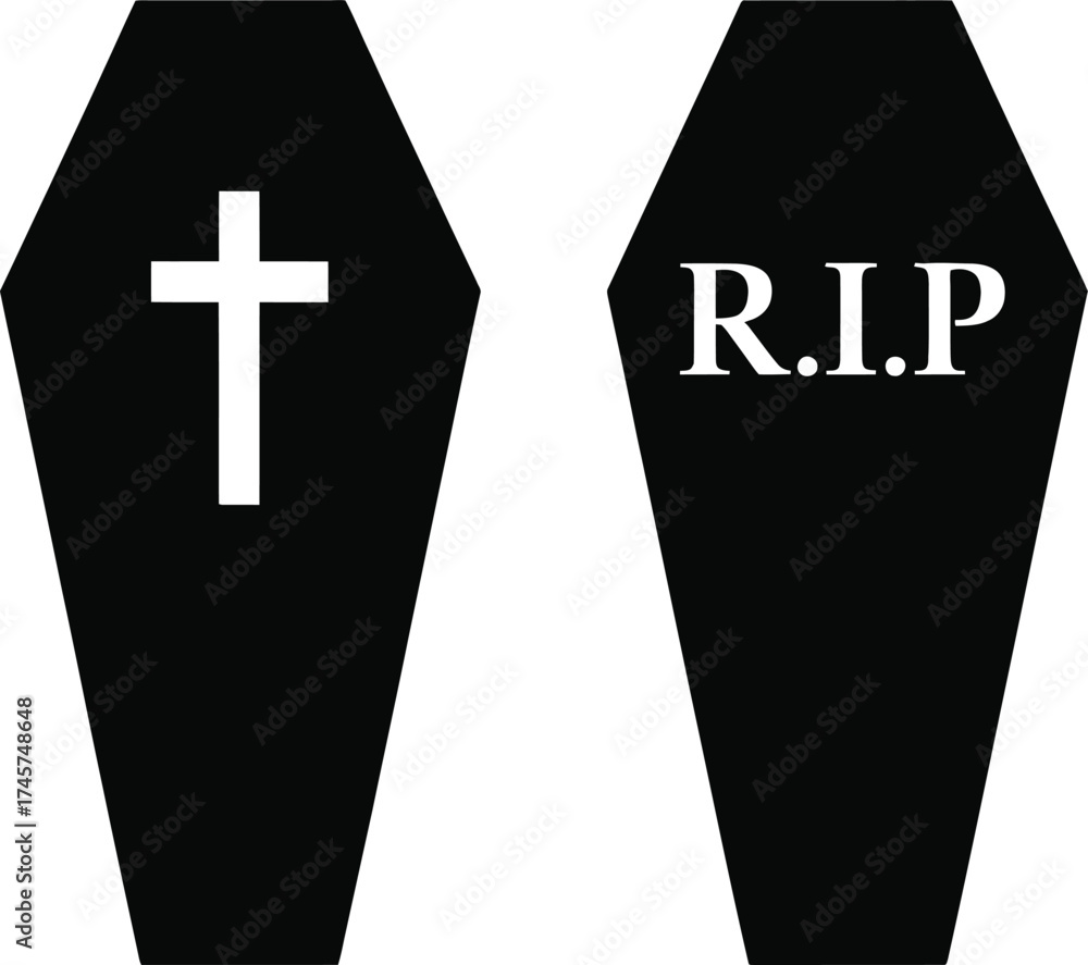 Obraz premium Two black coffins with crosses and rip text on transparent background silhouette