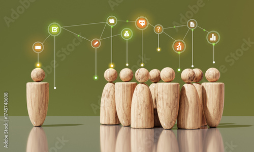 Leader delegating powers to the team. Wooden people and neon connections lines. The scene symbolizes organisation, management, influence, and the dynamics of groups in business and society. 3D