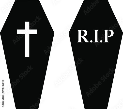 Two black coffins with crosses and rip text on transparent background silhouette