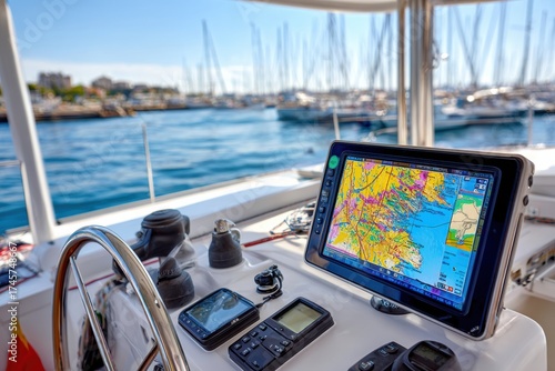 Marine GPS navigation system in use during a sunny day on the water at a busy harbor