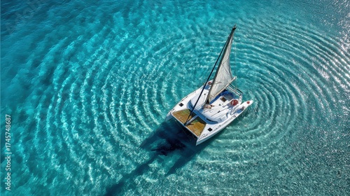 Catamaran sailing in clear blue waters creates gentle ripples and casts a shadow below
