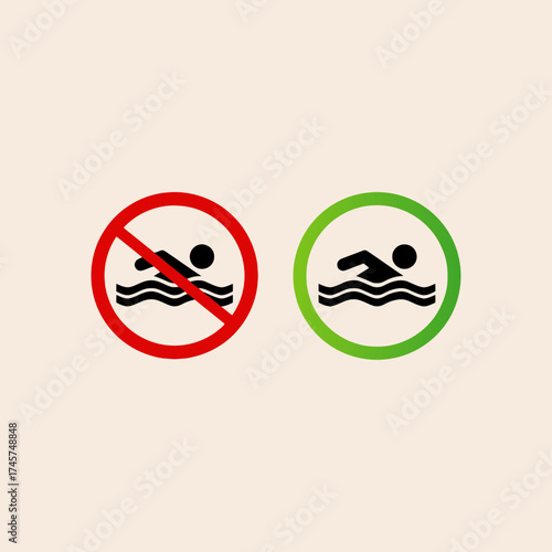 Bathing is prohibited. Bathing is allowed icon flat vector design.