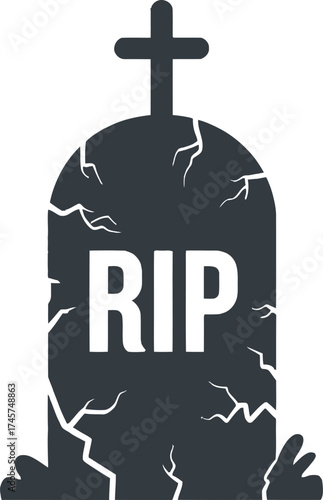 Dark tombstone with rip inscription and cracks on transparent background silhouette