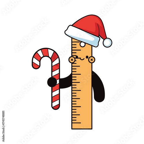 Festive Christmas Ruler Character Holding Candy Cane with Santa Hat holiday