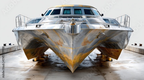 Catamaran in dry dock with polished hull under clear skies showcased on matte background
