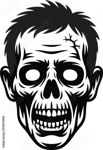 Detailed zombie head illustration with hair cracks and teeth silhouette on transparent background