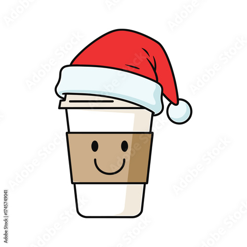 Cute Christmas Coffee Cup Character Wearing Santa Hat with Happy Face holiday
