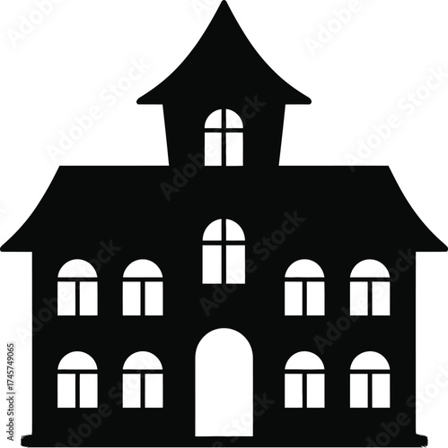 Simple black haunted house graphic illustration on transparent background silhouette