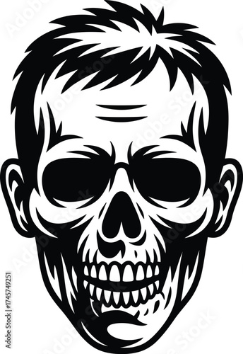 Detailed skull head graphic design element on transparent background silhouette