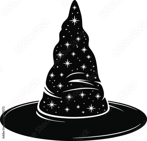 Magical witch hat with sparkling stars on transparent background silhouette