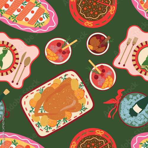 Festive dinner vector seamless pattern. Delicious food repeat design. Roasted turkey, cake dessert, cocktail drinks, salmon, champagne on dark green background. Christmas celebration illustration 