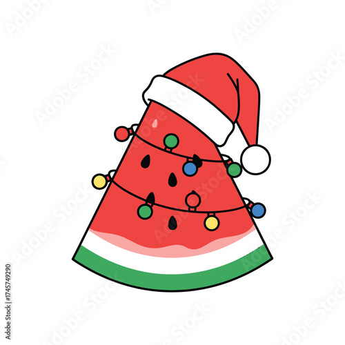 Festive Slice of Watermelon with Santa Hat and Christmas Lights holiday