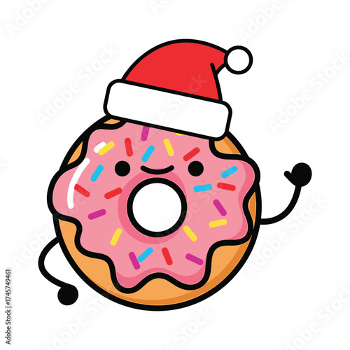 Merry Christmas Donut Character with Pink Frosting and Santa Hat Waving holiday