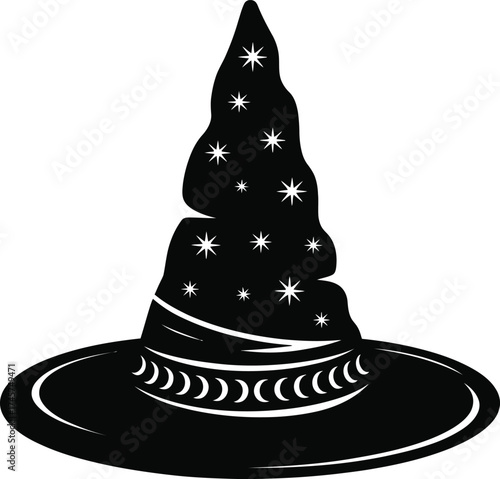 Mystical wizard hat with sparkling stars on transparent background silhouette