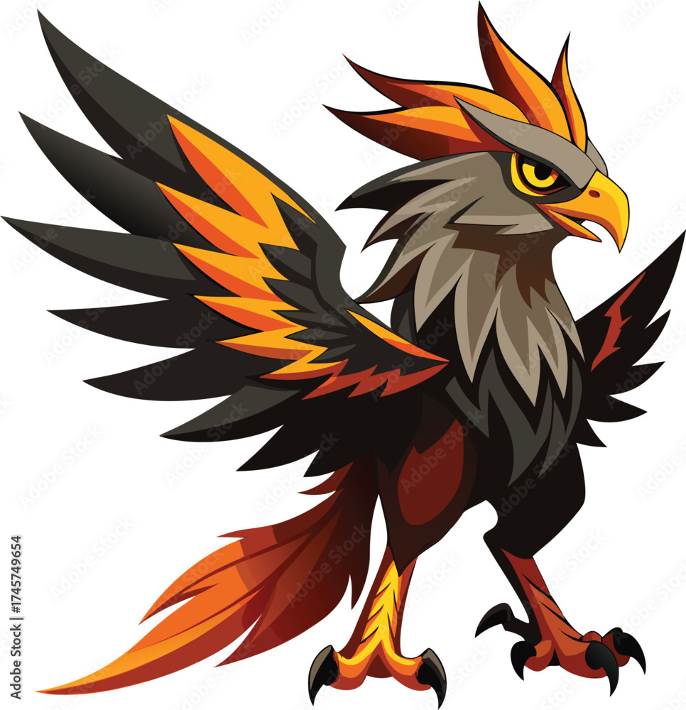 Fototapeta premium Dark Feathered Griffin with Orange and Yellow Accents