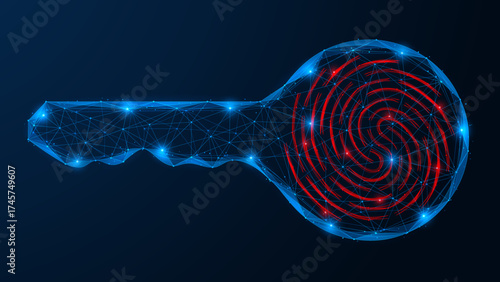 The fingerprint access key. The concept symbolizes modern security technologies, biometric access and intelligent identification systems. Polygonal design, blue background.