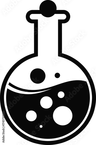 Black chemistry flask with liquid and bubbles on transparent background silhouette