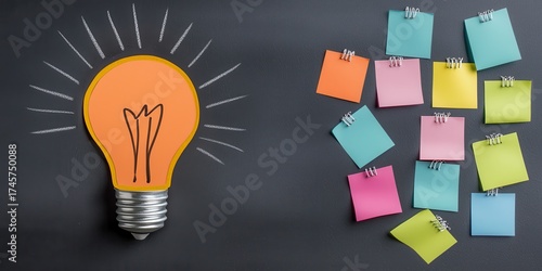 A light bulb illustration signifies ideas, surrounded by colorful sticky notes, symbolizing creativity and brainstorming.