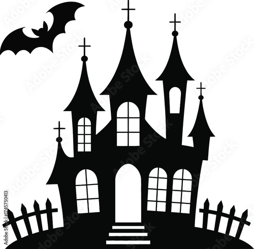 Spooky haunted castle with a bat and crosses on transparent background silhouette