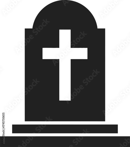 Black tombstone with white cross symbol on transparent background silhouette