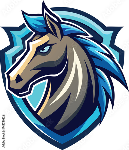 Fierce horse head logo with blue shield and mane animal