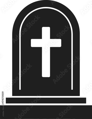 Simple black tombstone with white cross ideal for design on transparent background silhouette